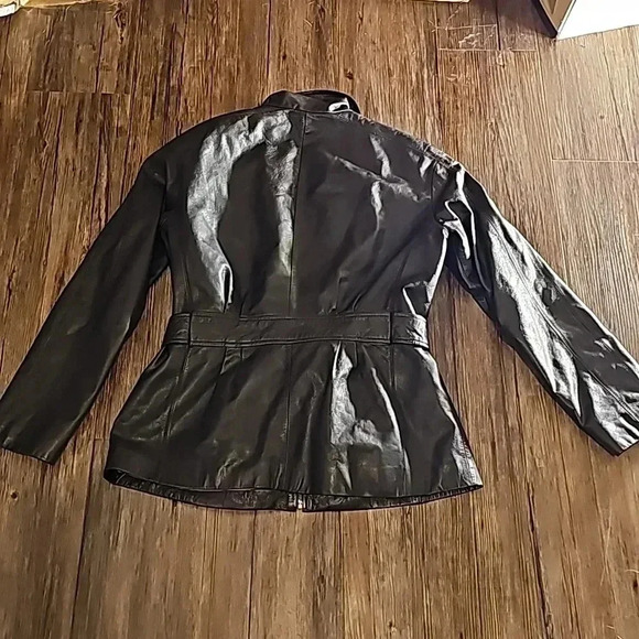 Womens Preston & York Black Leather Trench Moto Jacket Sz Petite Medium - Picture 4 of 7